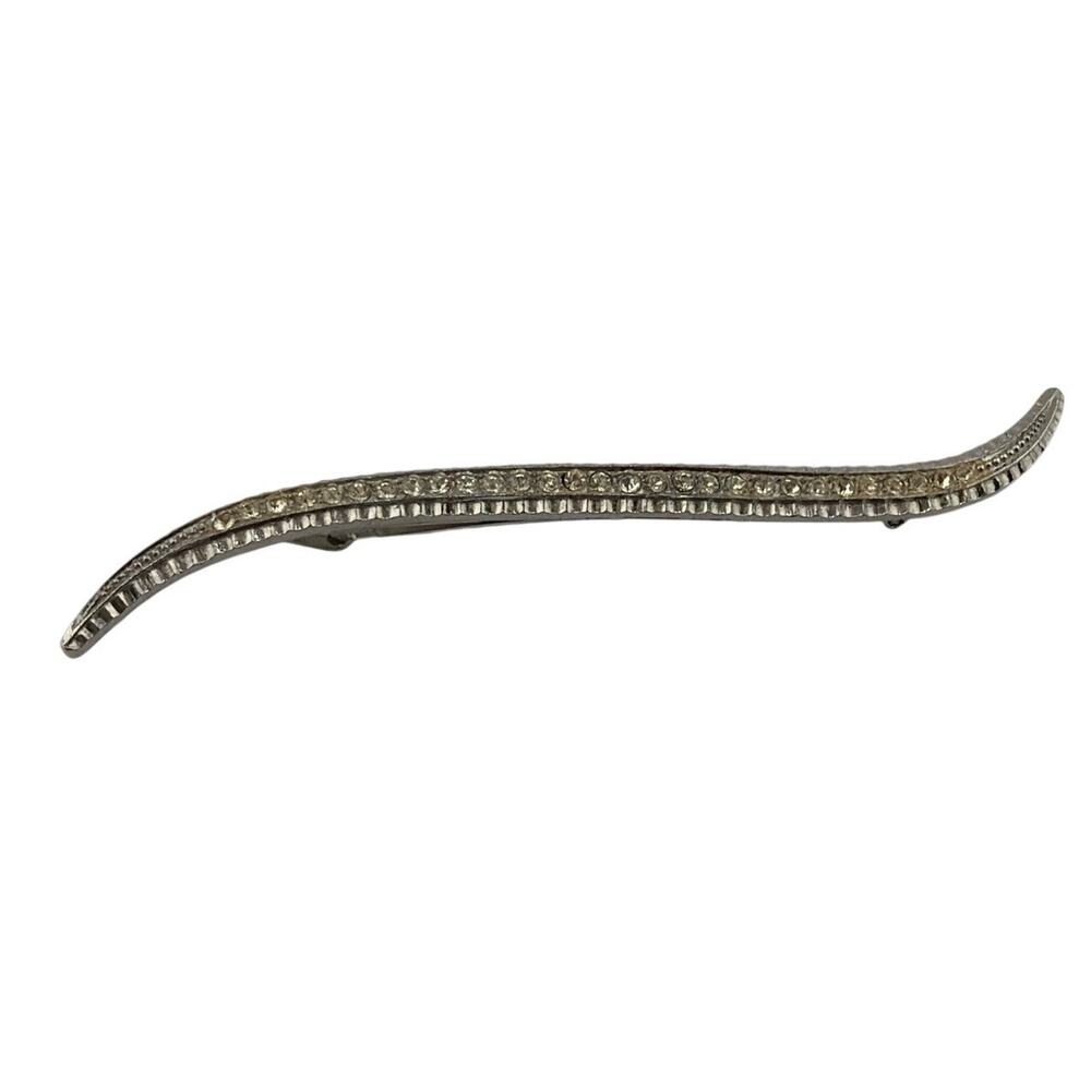 Vintage Silver Tone Curved Wave Pave Rhinestone Barrette